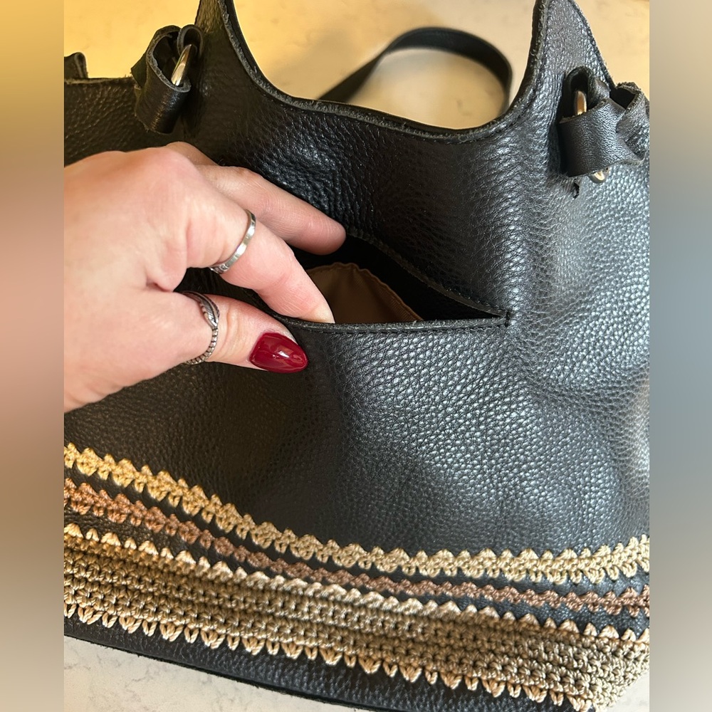 The Sak Back to Bali Black Pebbled Leather Crochet-Trim Shoulder Bag - Picture 10 of 16